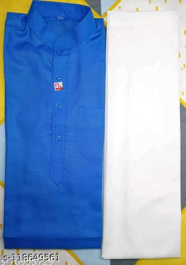 Cotton Solid Kurta with Pyjama for Men (Royal Blue & White, L)