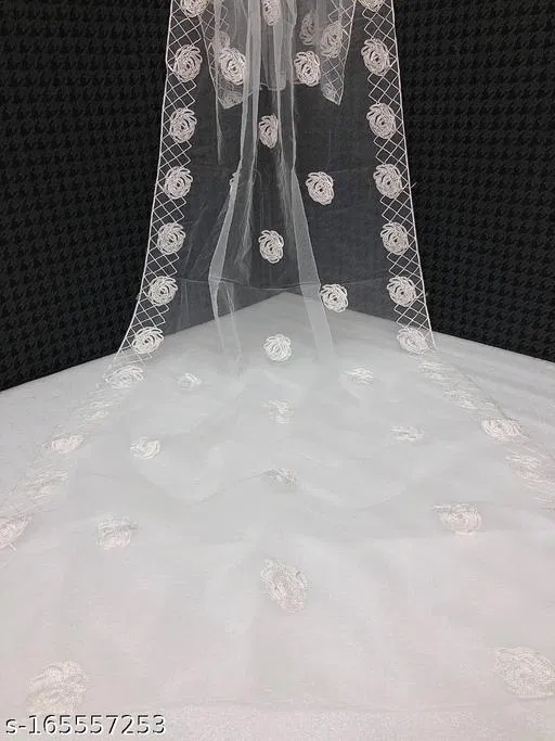 Ethnic Motif Mirror Work Embroidered Net Dupatta for Women (White, Free Size)