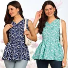 Rayon Printed Flared Top for Women (Blue & Turquoise, S) (Pack of 2)