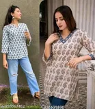 Cotton Printed Short Kurti for Women, White, Pack of 2 