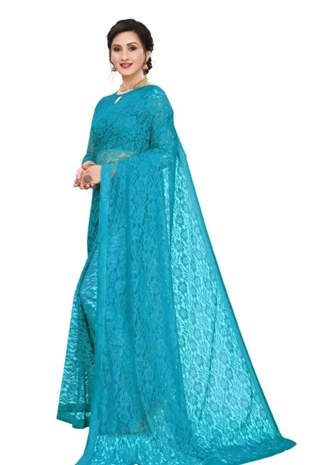 Net Floral Saree for Women (Aqua Blue, 6.3 m)