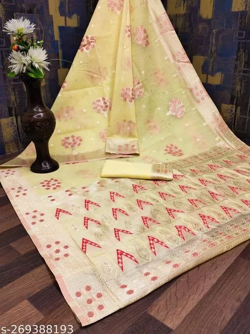 Cotton Linen Zari Woven Saree for Women (Yellow, 6.3 m)
