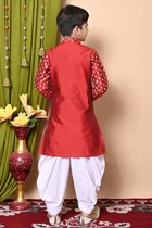 Dupion Silk Printed Kurta with Dhoti for Boys, Maroon & White 