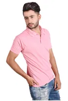 Poly Cotton Solid Polo Neck T-Shirt for Men, Pink 