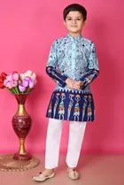 Dupion Silk Printed Kurta with Payjama for Boys, Blue 