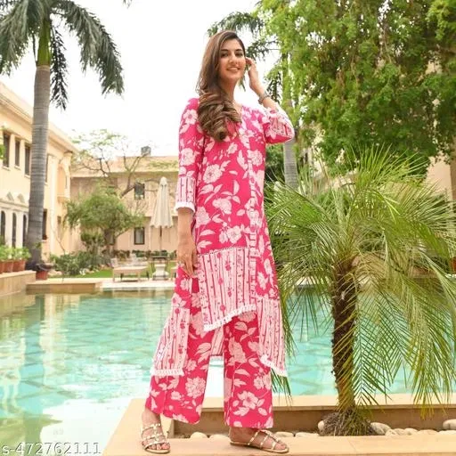 Floral Printed Kurta (Co-Ords) Set for Women (Pink, XL)
