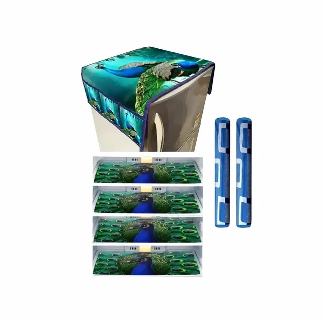 Knit 7 Pcs Fridge Cover (Blue, Set of 1) 4 Pcs Mat with 2 Pcs Handle & Top Cover