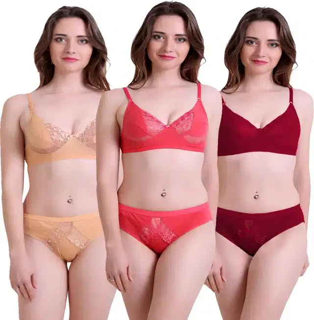 Silk Blend Lingerie Set for Women (Multicolor, 38A) (Set of 3)