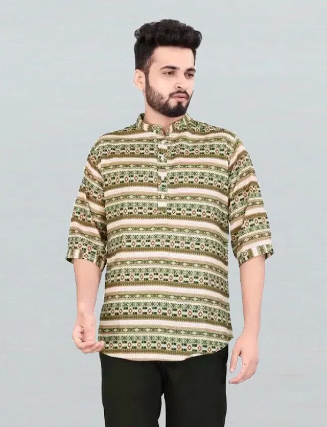Cotton Blend Printed Kurta for Men (Olive, XL)