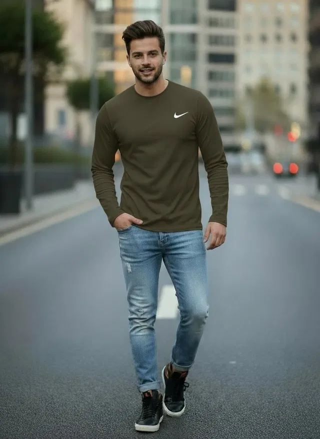 Cotton Solid T-Shirt for Men, Olive (L)
