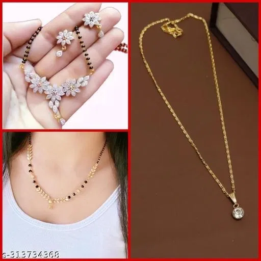 Alloy 2 Pcs Mangalsutra with 1 Pair Earrings & Pendant for Women (Multicolor, Set of 4)