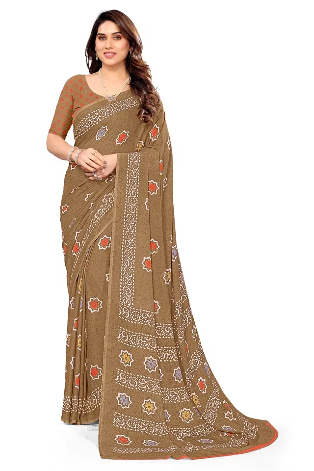 Georgette Printed Saree for Women (Brown, 6.3 m)