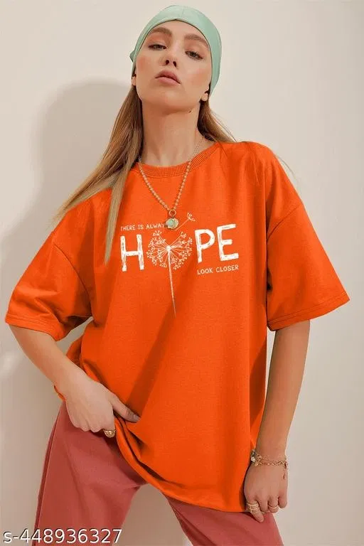 Cotton Blend Printed T-shirt for Women, Orange (S)