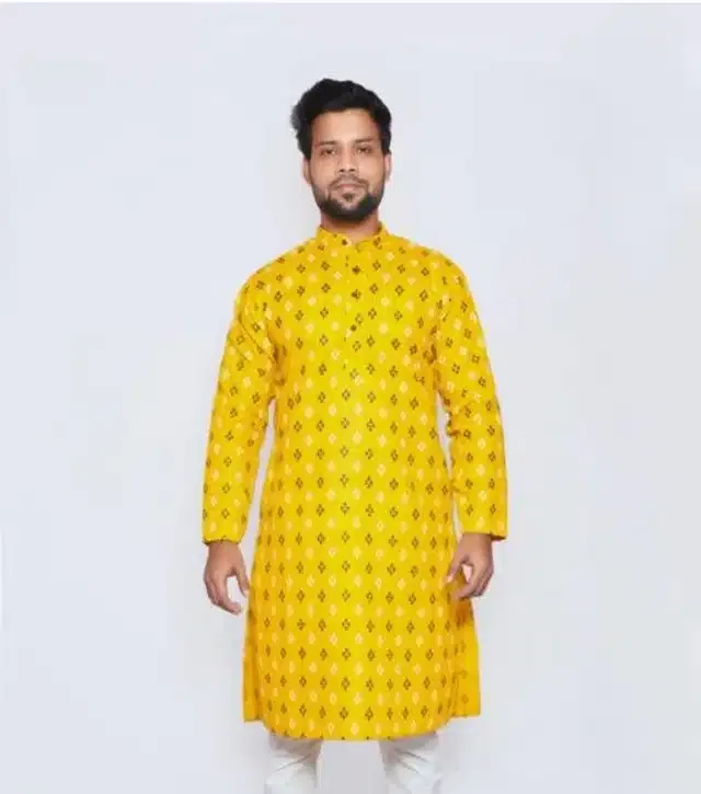 Cotton Printed Full Sleeves Kurta for Men (Yellow, L)