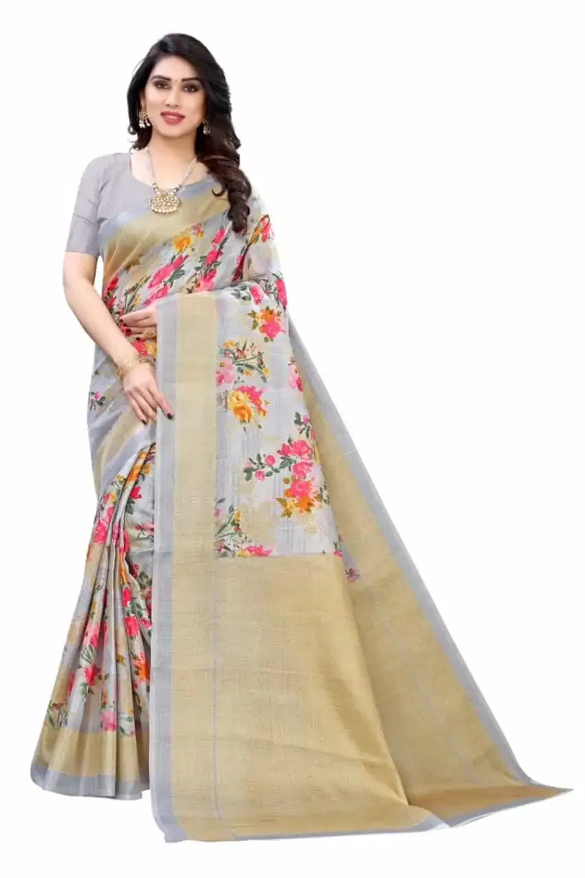 कानूड़ा प्रिंट्स फैंसी विमेंस मैसूर आर्ट सिल्क प्रिंटेड साड़ी (ग्रे) (K-83)