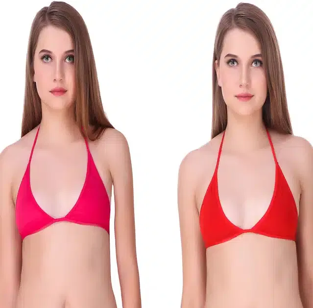 Cotton Blend Non Padded Bra for Women (Pink & Red, 32) (Pack of 2)