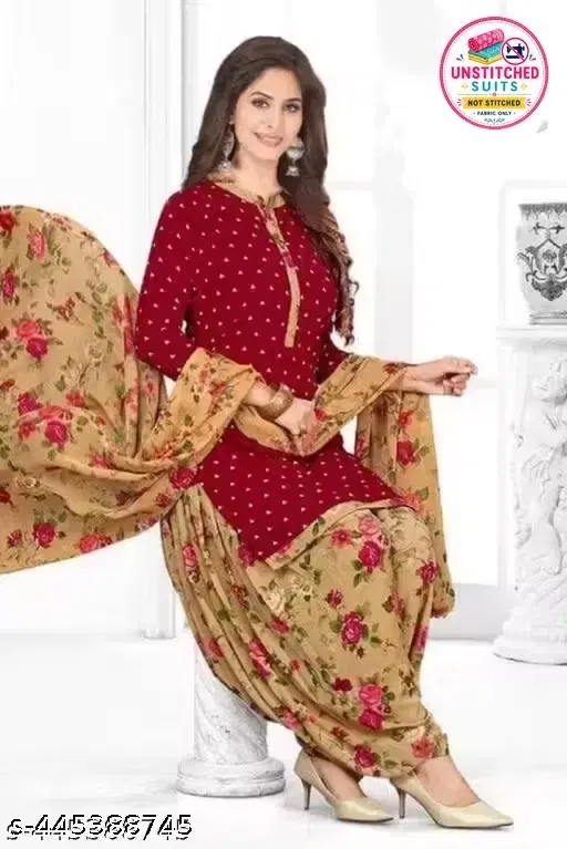 Floral Print Unstitched Suit Fabric for Women & Girls, Maroon & Beige