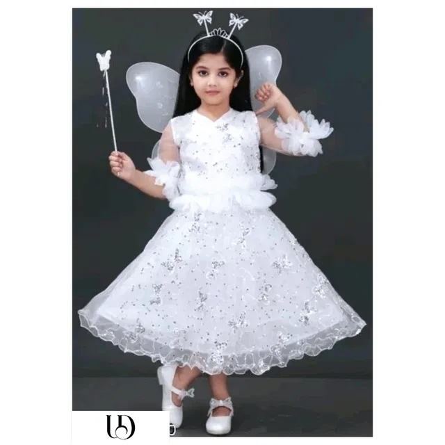 Cotton Blend Solid Dress for Girls (White, 5-6 Years)