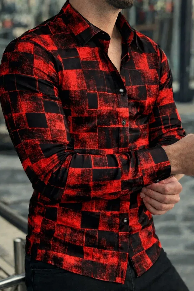 Lycra Geometric Print Shirt for Men, Red (L)