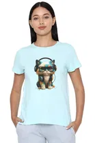 Cotton Blend Printed T-shirt for Women, Aqua Blue 