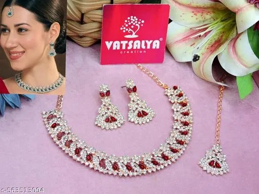 Rose Gold Finish AD Necklace for Women (Maroon, Free Size)