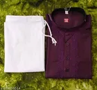 Cotton Solid Kurta Set for Men, White & Purple 