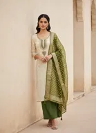 Cotton Silk Embellished Unstitched Suits Fabric for Women, Beige & Green