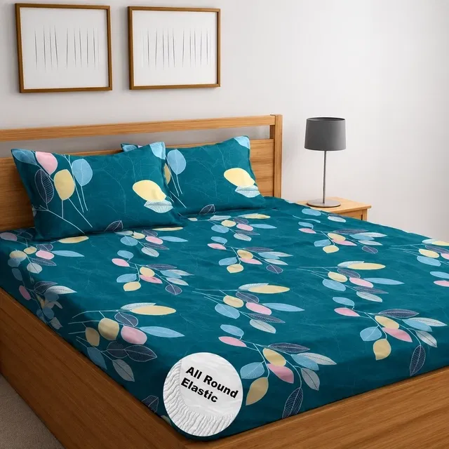 Microfibre Fitted Yellow Leaf Bedsheet 78x72in Blue