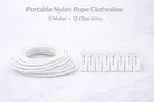 Portable Nylon Rope Clothesline 5 Meter + 12 Clips White