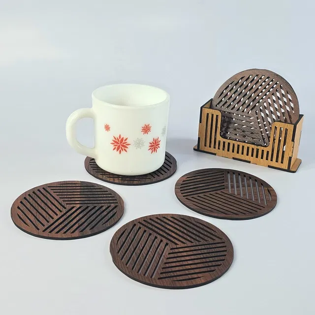 MDF Wooden 6 Pcs Coasters with Stand (Brown, Set of 1)