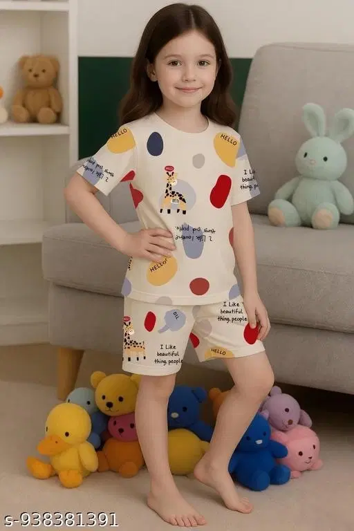 Cotton Blend Night Suit for Girls (Beige, 10-11 Years)