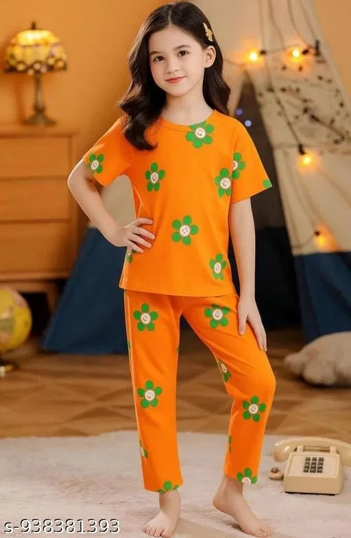 Cotton Blend Night Suit for Girls (Orange, 9-10 Years)