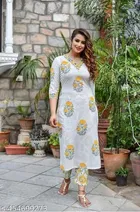 Rayon Printed Kurta with Pant for Women, White 