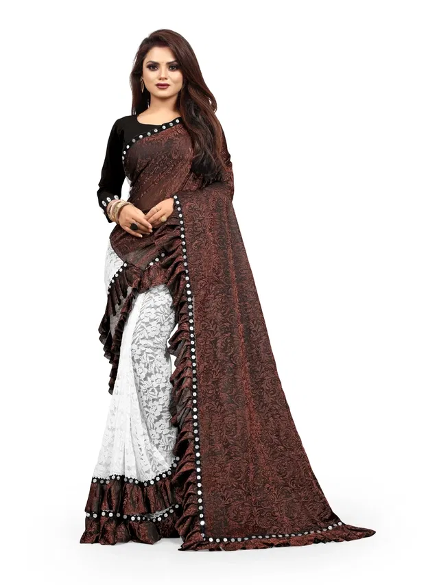 Lycra Blend Embellished Saree for Women (Brown, 6.3 m)