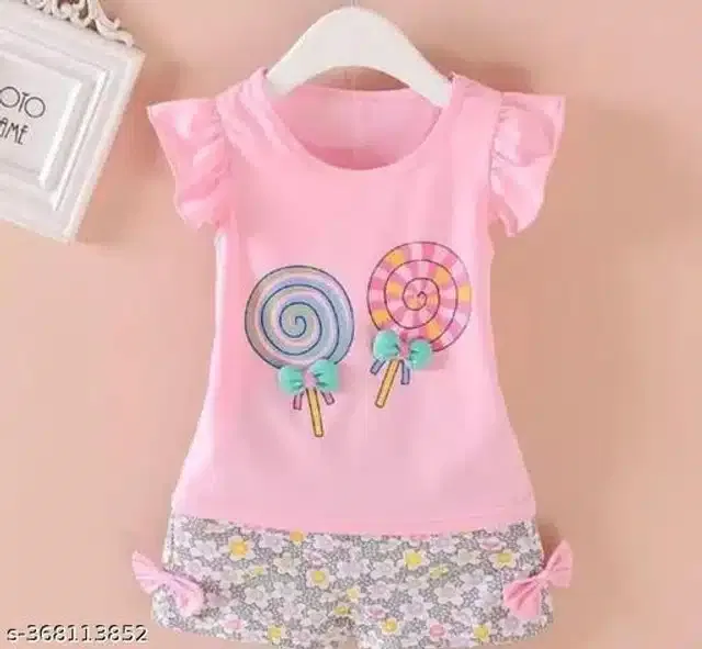 Hosiery Cotton Half Sleeves Top with Pant Clothing Set for Girls (Pink, 0-3 Months)