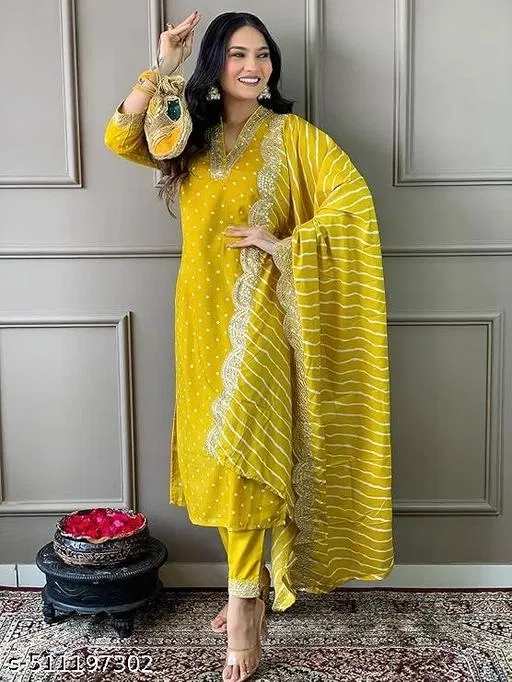 Kurta Set for Women (Yellow, XXL)