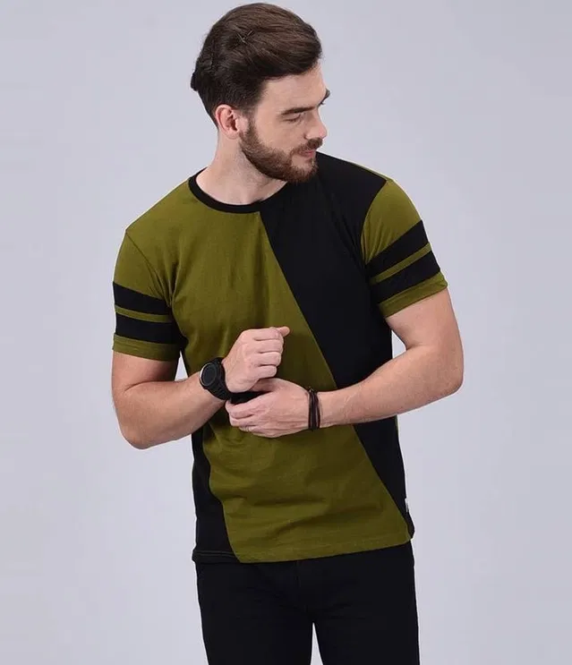 Round Neck Striped T-Shirt for Men (Green, M)