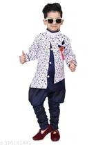 Cotton Blend Sherwani for Boys (White & Navy Blue, 9-12 Months)