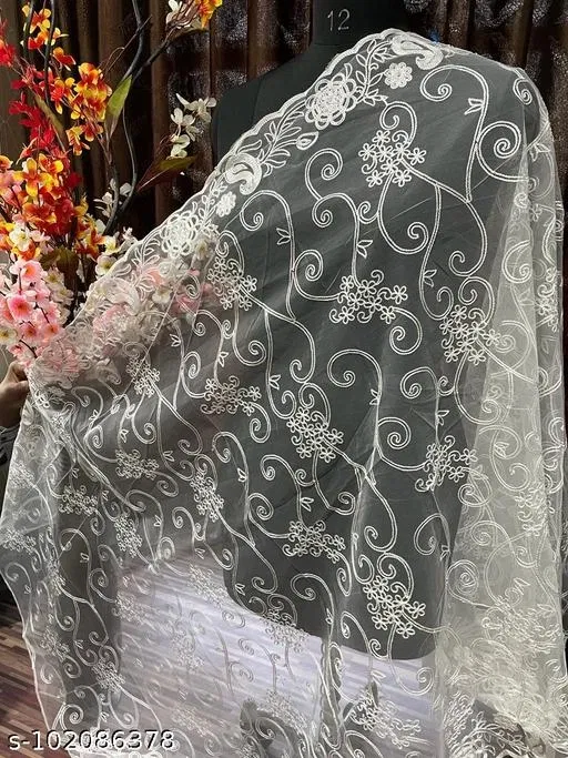 Floral Embroidered Net Dupatta for Women (White, Free Size)