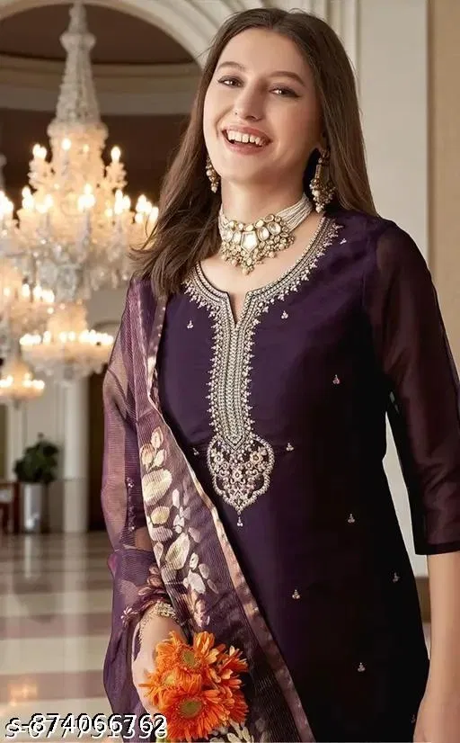 Chanderi Cotton Kurta Set for Women (Purple, S)