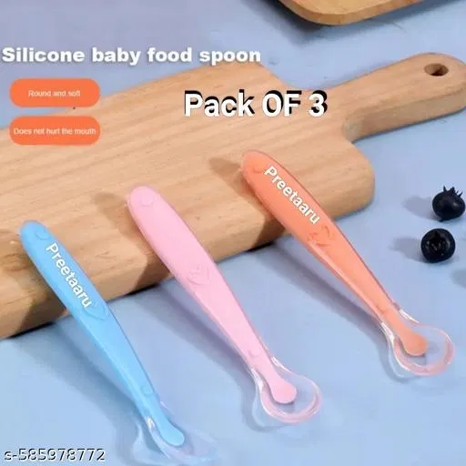 Preetaaru (Pack Of 3) Baby Soft Silicone Feeding Spoon For Kids
