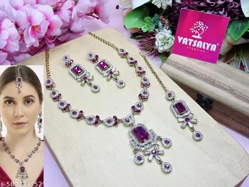 Mehandi Finish White Kundan Crystals studded Sparkling Partywear Necklace Set, Pink, Free Size for Women