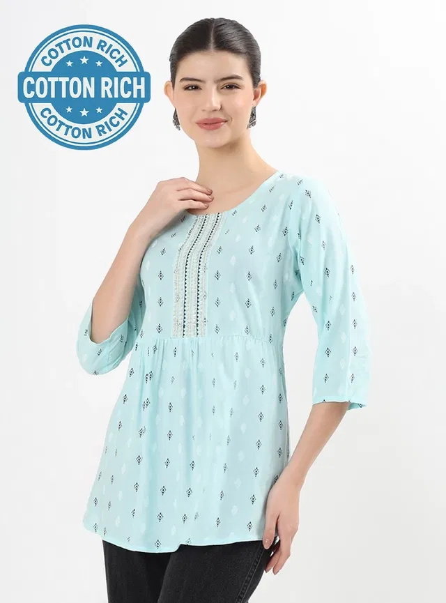 Round Neck Printed Top for Women (Blue, XXL)
