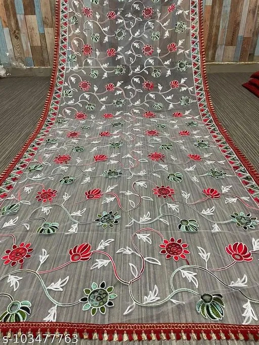 Embroidered Punjabi Net with Aari Work Sewing & Embroidery (White, Free Size)