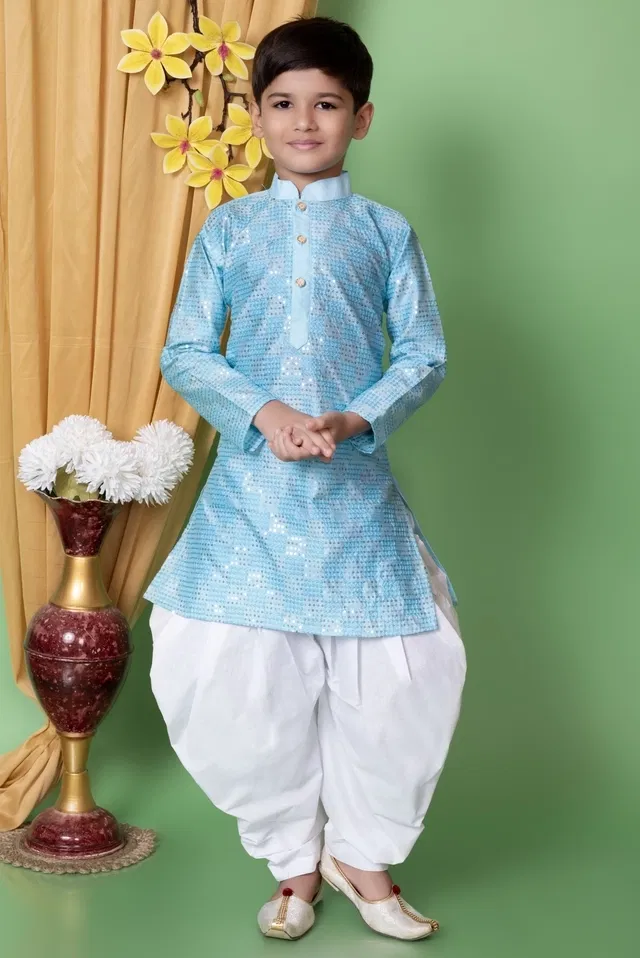 Dupion Silk Embellished Kurta with Dhoti for Boys, Sky Blue & White (9-10 Years)