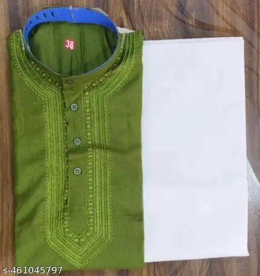 Cotton Solid Kurta Set for Men, Green & White (L)