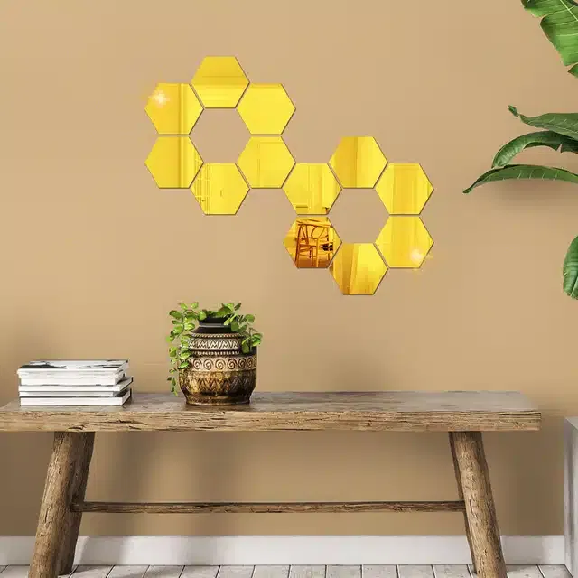 Acrylic Hexagon Shaped Wall Mirror Stickers (Gold, Pack of 12)