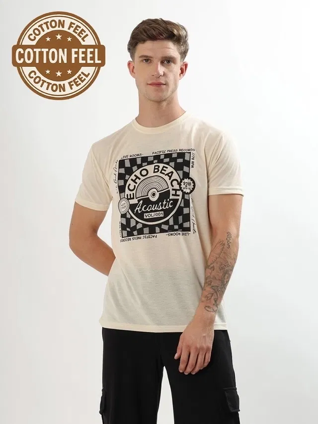 Round Neck Printed T-Shirt for Men (Beige, L)