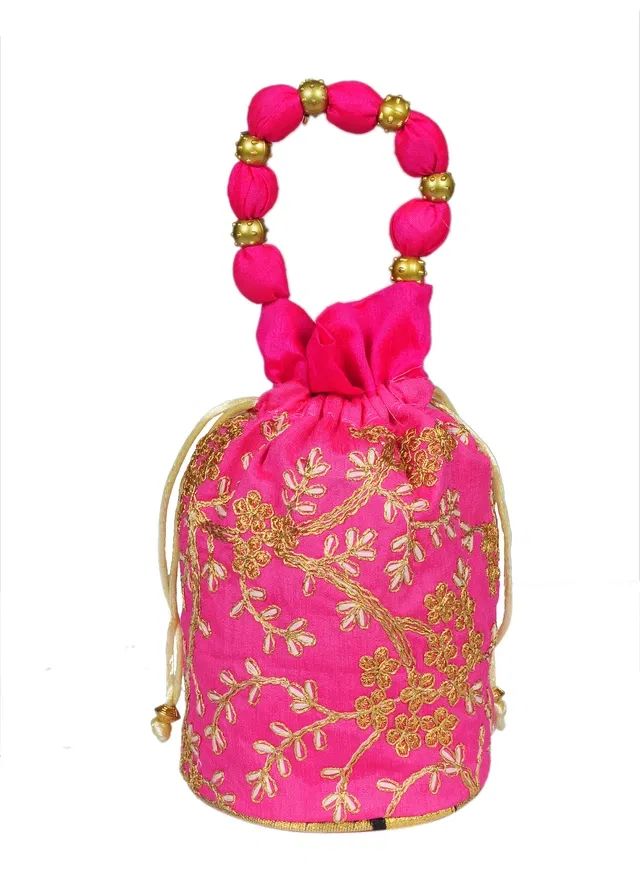 Silk Floral Ethnic Rajasthani Traditional Work Potli with Handle for Return Gifts (Pink)