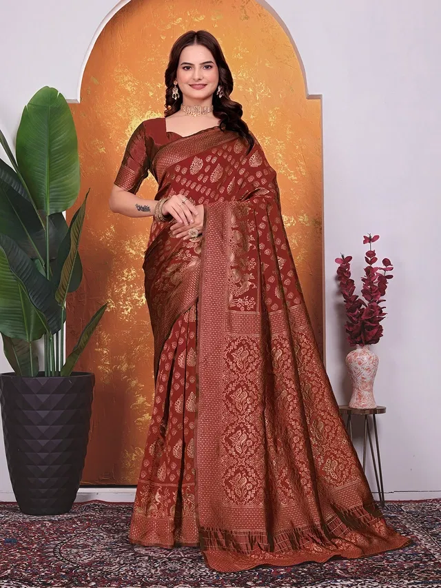 Banarasi Silk Embroidered Saree for Women (Maroon, 6.3 m)